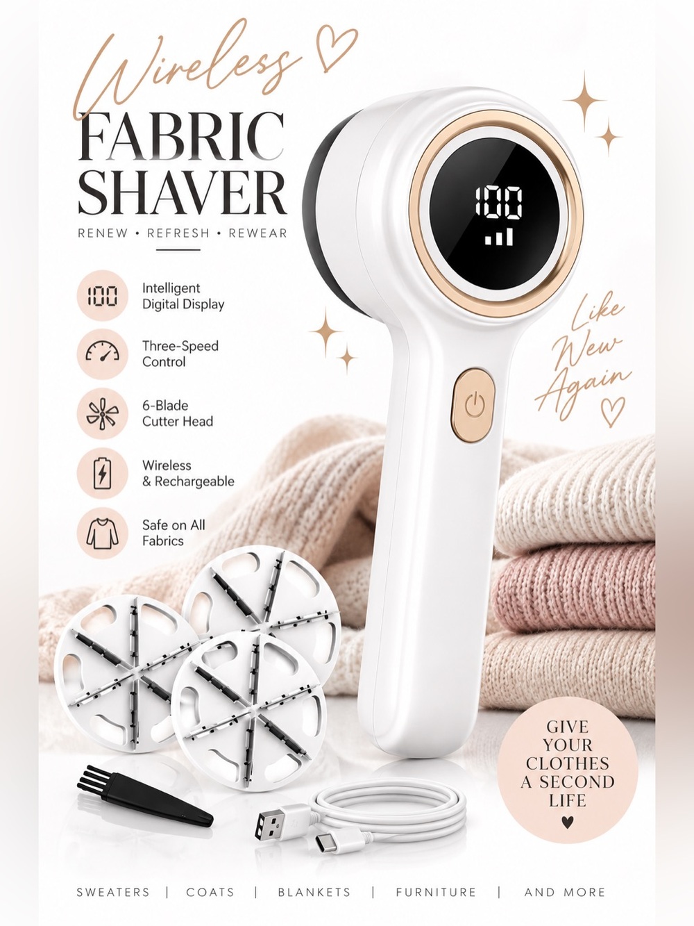 NWB Wireless Fabric Shaver - White with Gold Trim